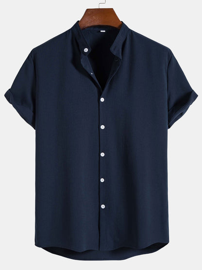 Regular Fit Stand Collar Shirt with Minimal Detailing for Men | Ideal for Casual and Professional Settings